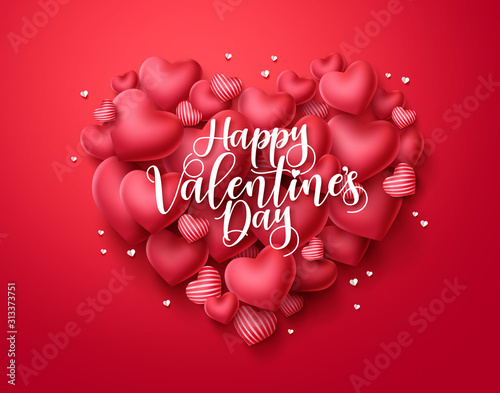 Valentines day hearts vector greeting card. Happy valentines day text with heart shape elements in red background. Vector illustration.