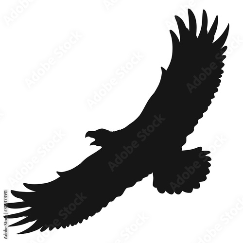 silhouette of a large bird of prey flying with an open beak