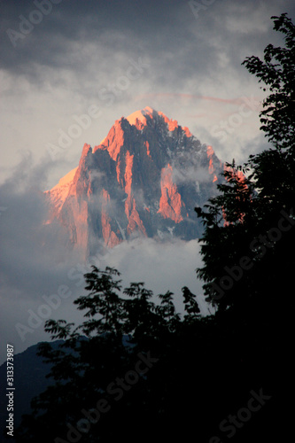 Scenic Alpenglow on the Aiguille-du-Midi in the Mont Blanc massif in France
