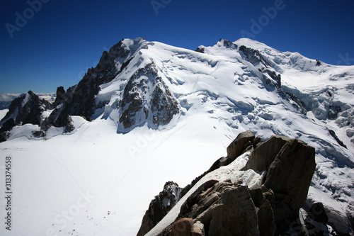 Even during summer ice and snow is omnipresent on the mountains in the Mont Blanc massif in France