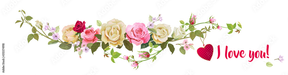 Panoramic view with white, pink, red roses, red heart, spring blossom. Horizontal border for Valentine's Day: flowers, buds, leaves on white background, digital draw, vintage watercolor style, vector