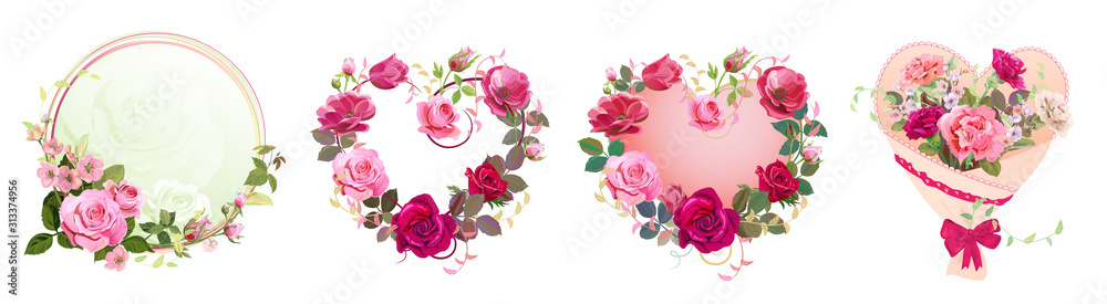 Collection of Valentine's Day card: bouquets of pink, red flowers (roses, carnations, anemones), buds, leaves, spring blossom, hearts. Digital draw, vintage watercolor style, panoramic view, vector