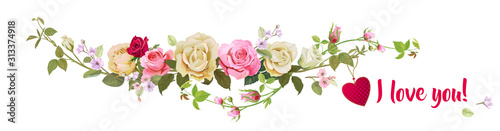 Panoramic view with white, pink, red roses, red heart, spring blossom. Horizontal border for Valentine's Day: flowers, buds, leaves on white background, digital draw, vintage watercolor style, vector