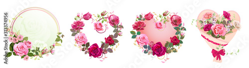 Collection of Valentine's Day card: bouquets of pink, red flowers (roses, carnations, anemones), buds, leaves, spring blossom, hearts. Digital draw, vintage watercolor style, panoramic view, vector