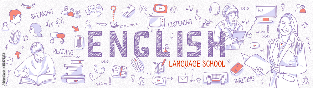 Horizontal Internet banner learning English: language teacher with student book. Blue outline icons, symbols white background. Line art illustration for English school, courses, panoramic view, vector Horizontal Internet banner learning English: language teacher with student book. Blue outline icons, symbols white background. Line art illustration for English school, courses, panoramic view, vector