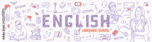 Horizontal Internet banner learning English: language teacher with student book. Blue outline icons, symbols white background. Line art illustration for English school, courses, panoramic view, vector