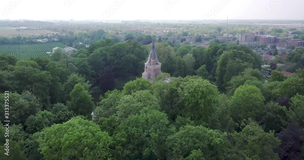 Approaching drone shot of Castle Duurstede in Wijk Bij Duurstede, Netherlands, EU Approaching drone shot of Castle Duurstede in Wijk Bij Duurstede, Netherlands, EU