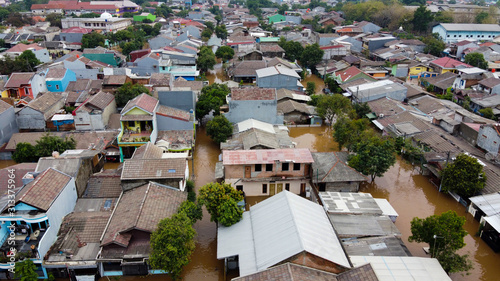 Aerial POV view Depiction of flooding. devastation wrought after massive natural disasters.