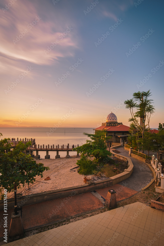 long exposure of a floating mosque at Kuala Perlis during sunset long exposure of a floating mosque at Kuala Perlis during sunset