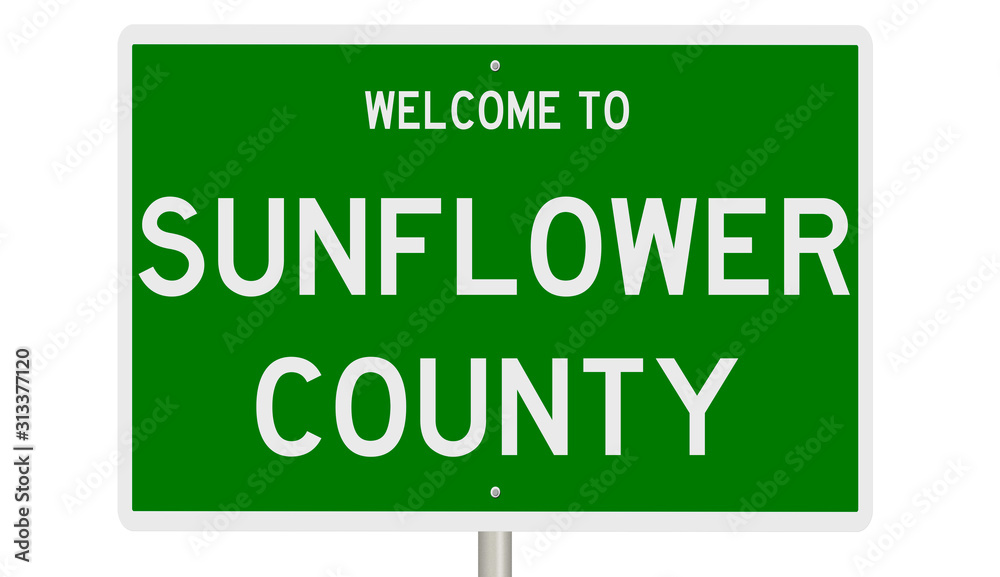 Rendering of a green 3d highway sign for Sunflower County