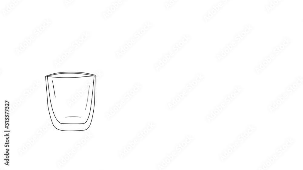 Self drawing animation sketch of water glass pouring. White background. Copy space. 