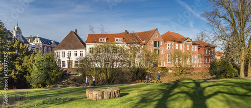 Panorama of the castle garden and historic buildings in Jever, Germany