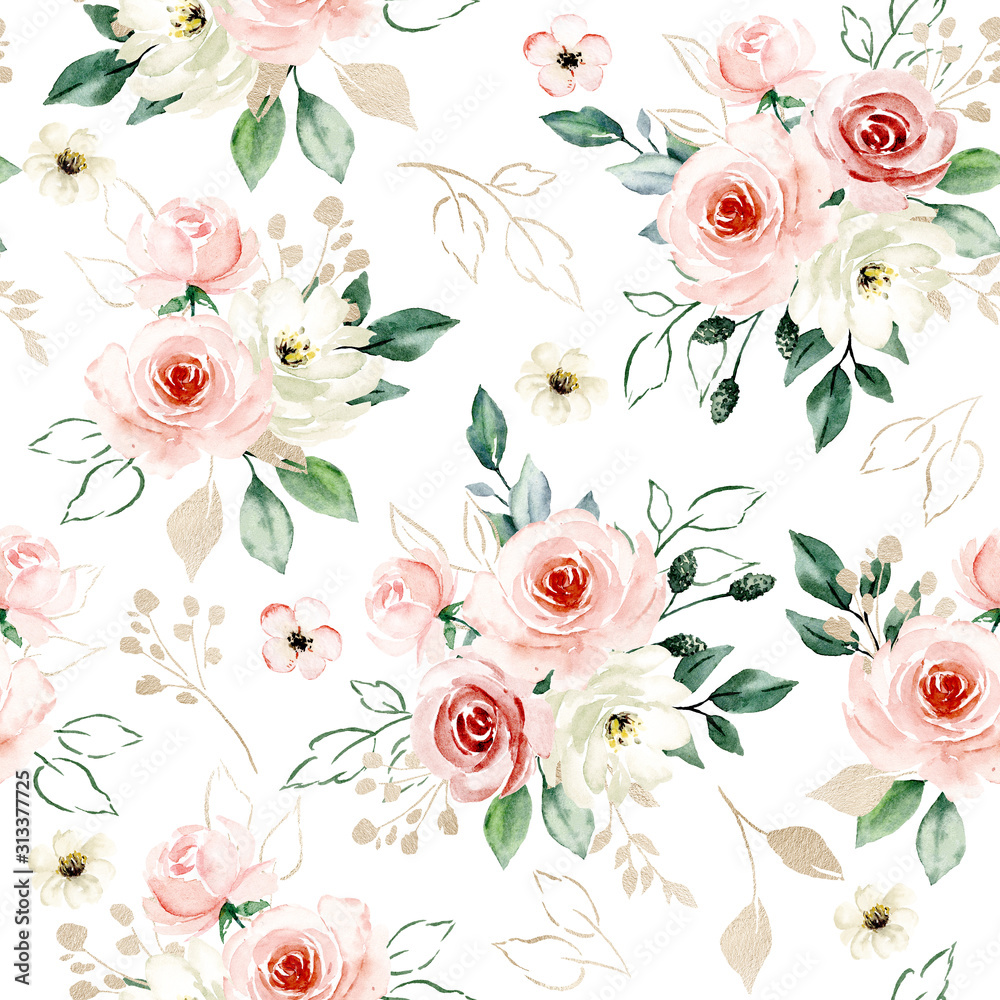 Seamless background, pattern, vintage floral texture with bouquets watercolor pink flowers roses. Repeat fabric wallpaper. Perfectly for wrapped paper, backdrop. 