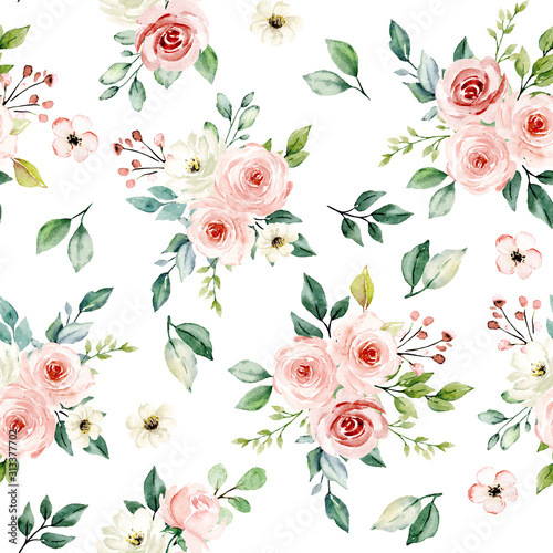 Seamless background, pattern, vintage floral texture with bouquets watercolor pink flowers roses. Repeat fabric wallpaper. Perfectly for wrapped paper, backdrop. 