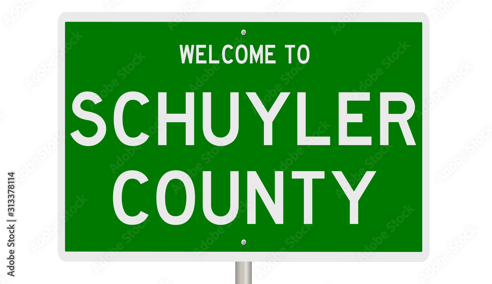 Rendering of a green 3d highway sign for Schuyler County