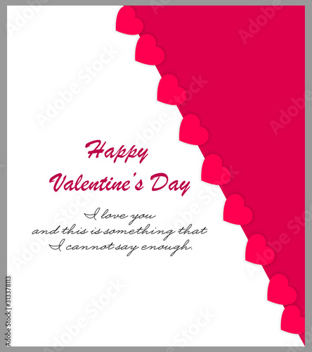 Happy Valentine's Day vertical greeting card with pink hearts and text on isolated background