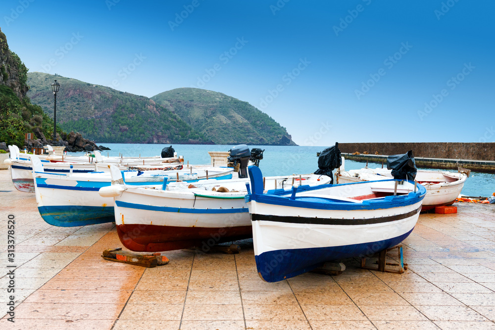 typical colored fisherman's boats on Marina Corta Lipari aeolian island, Italy
