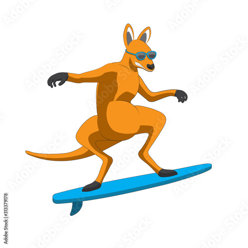 The character is a kangaroo animal surfing in sunglasses on an isolated white background. Vector image. Cartoon