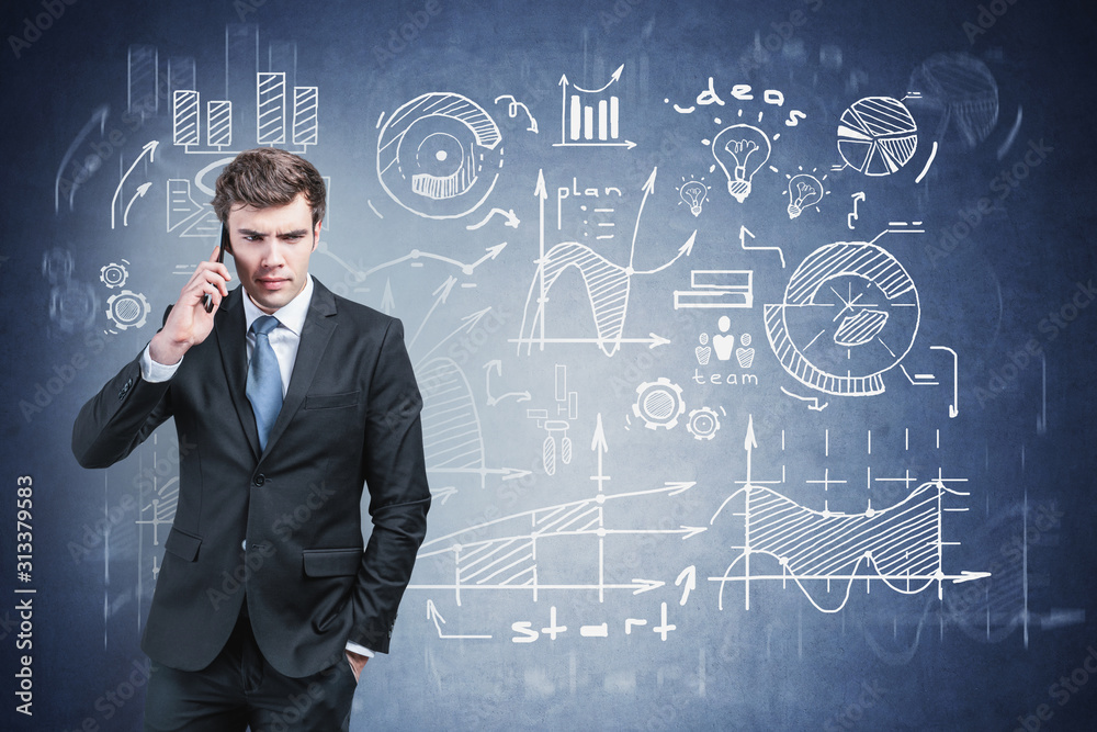 Frowning man on phone and his business strategy Frowning man on phone and his business strategy
