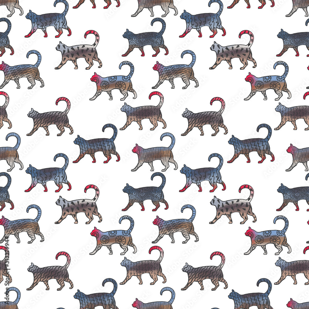 Obraz premium Digital background drawing of Funny multicolored cats