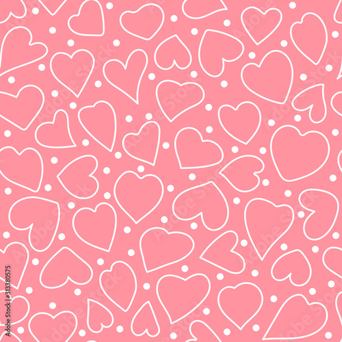 Heart shapes and Polka dot. Vector Hand drawn valentine day seamless pattern. White outline elements on pink background