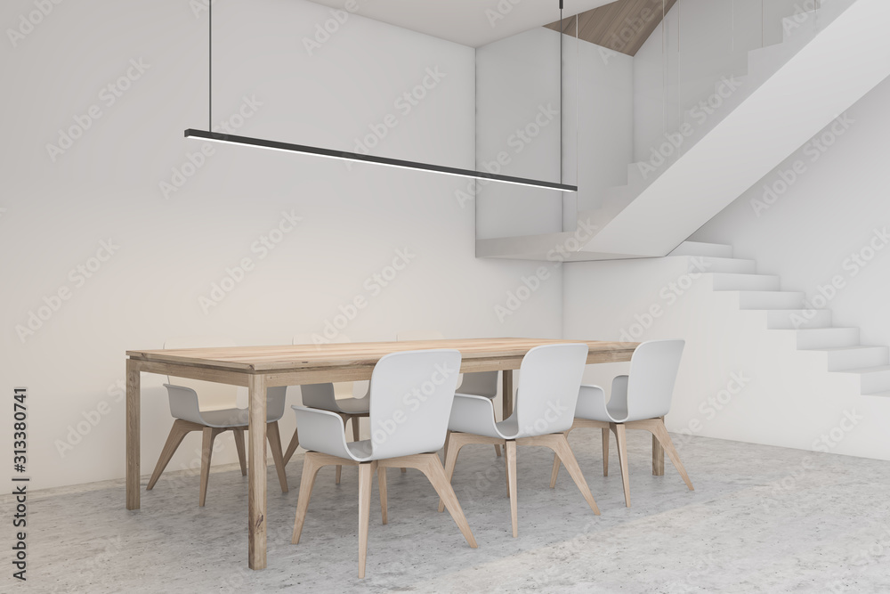 White dining room corner with stairs - obrazy, fototapety, plakaty 