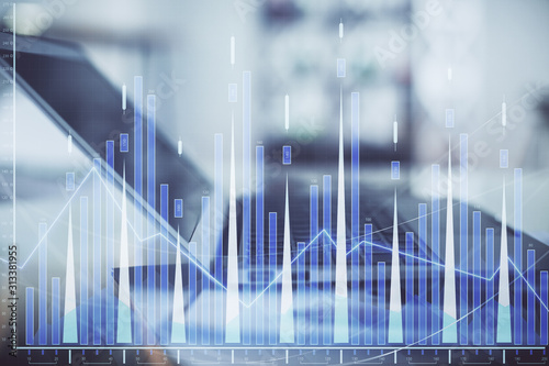 Forex graph hologram on table with computer background. Double exposure. Concept of financial markets.