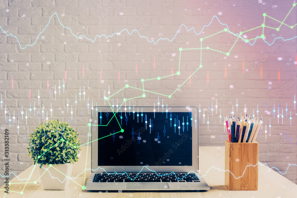 Multi exposure of graph and financial info and work space with computer background. Concept of international online trading. Multi exposure of graph and financial info and work space with computer background. Concept of international online trading.