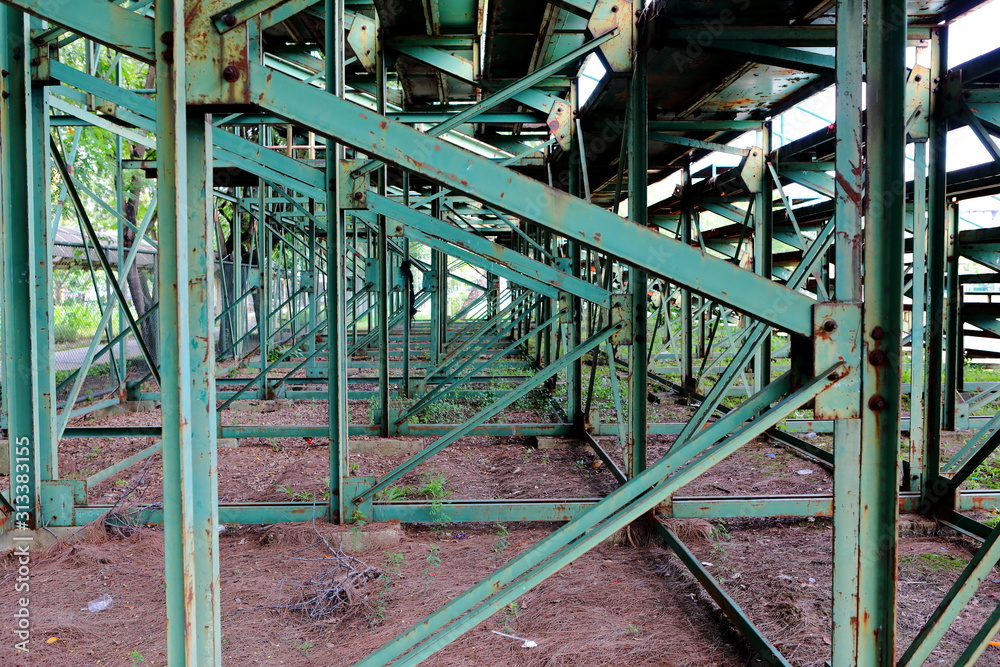 Below the structure of the grandstand for sitting and watching sports,ant's eye view Below the structure of the grandstand for sitting and watching sports,ant's eye view