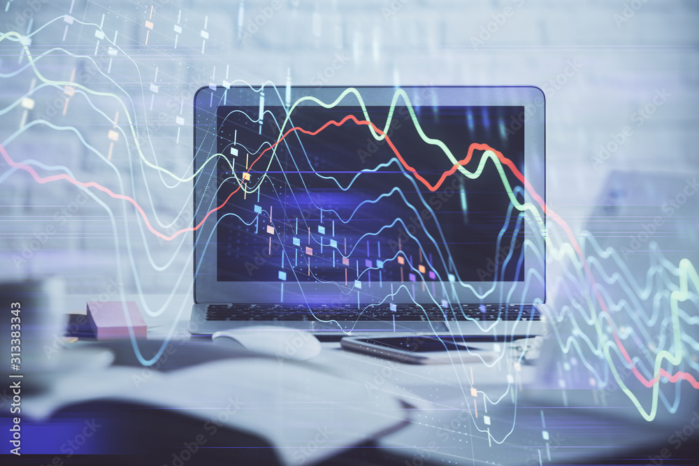Stock market graph on background with desk and personal computer. Double exposure. Concept of financial analysis. Stock market graph on background with desk and personal computer. Double exposure. Concept of financial analysis.