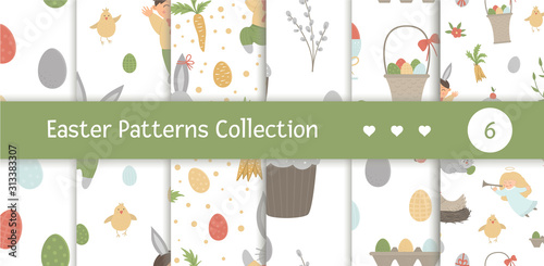 Vectors set of seamless patterns with design elements for Easter. Repeat backgrounds with cute bunny, children, colored eggs, chirping bird, chicks, baskets. Spring funny digital paper pack. .