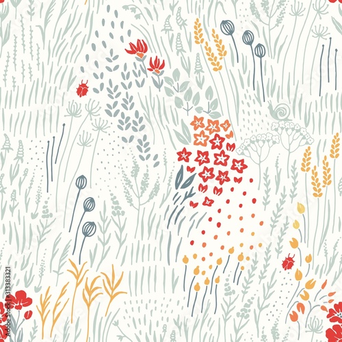 Wildflowers, grass and insects scattered on light background, seamless floral abstract pattern with flowers. Vector meadow hand drawn illustration in vintage style.