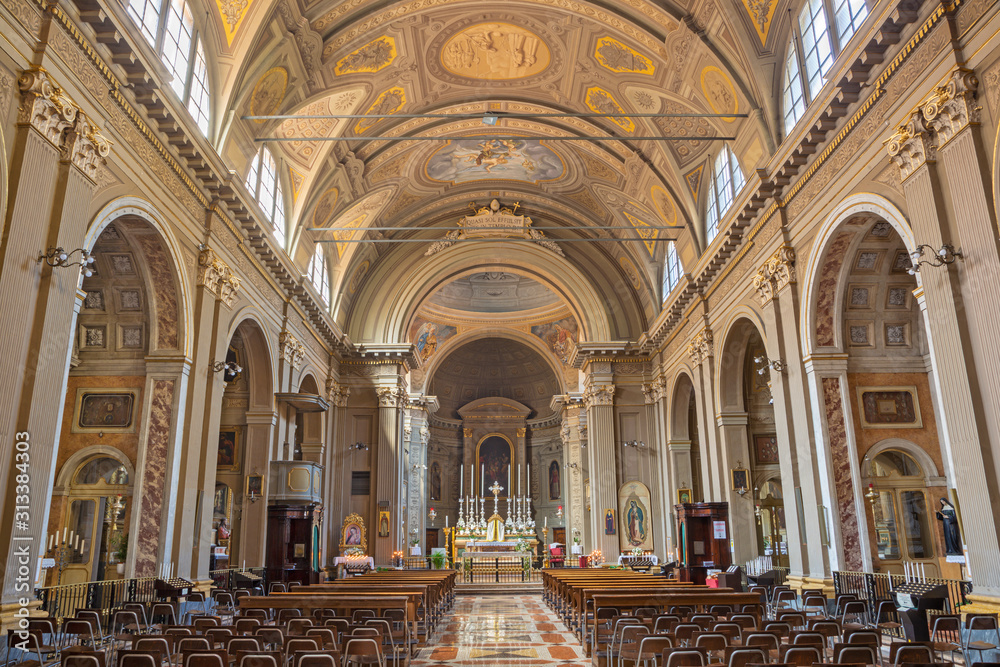 BOLOGNA, ITALY - APRIL 18, 2018: The nave of baroque chruch Chiesa di San Benedetto.