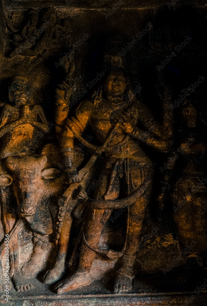 Stone carvings inside Badami cave temples, Karnataka, India Stone carvings inside Badami cave temples, Karnataka, India