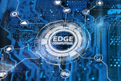 Edge computing technology concept. Blue integrated circuit with icons. Futuristic tech of data processing.