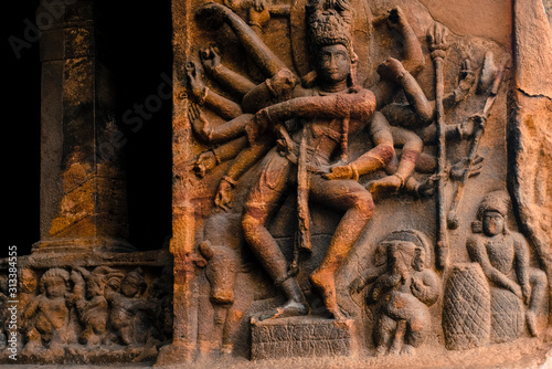 Stone carvings inside Badami cave temples, Karnataka, India photo