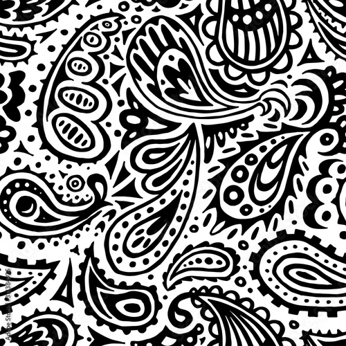 Seamless black and white pattern. Ink paisley ornament hand-drawn. Print for textiles. Ethnic and tribal motifs. Vector illustration.