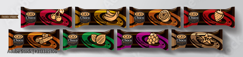 Chocolate bar vector packaging design. Fruit and spicy chocolate set.