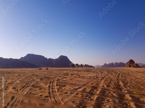 Sunset in Wadi Rum desert. Sundown and rocky mountains. Safari ride on pick up trucks in the Arabian desert.