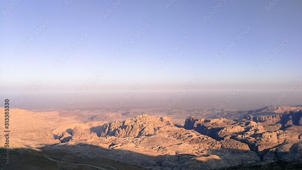 Panorama of Jordan. Sand valley and rough nature of Jordan. Exotic country to visit. 