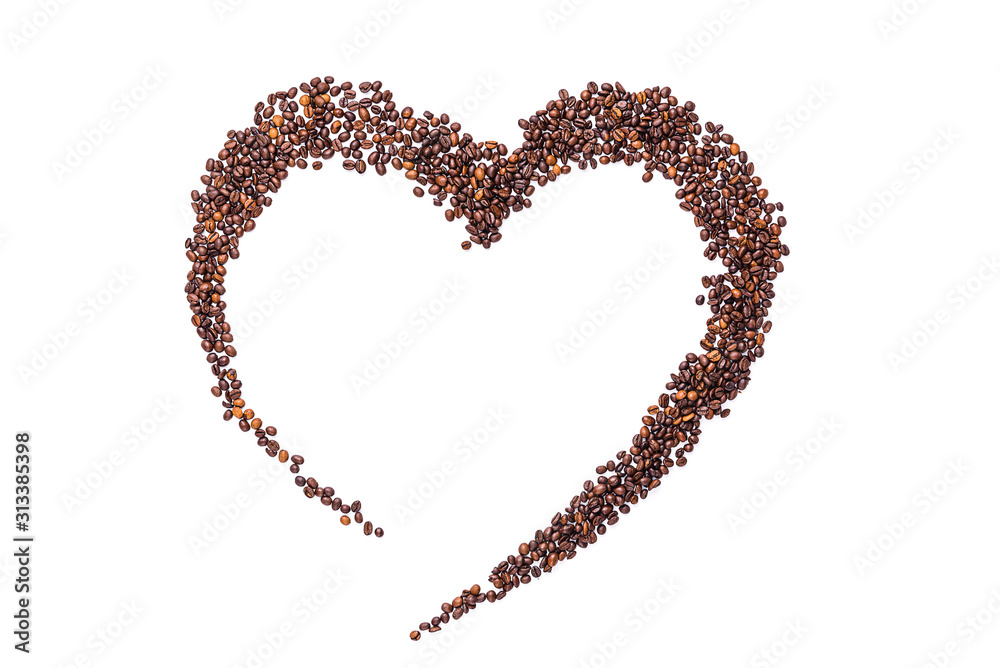 heart made of roasted coffee beans and ground coffee on a white background heart made of roasted coffee beans and ground coffee on a white background