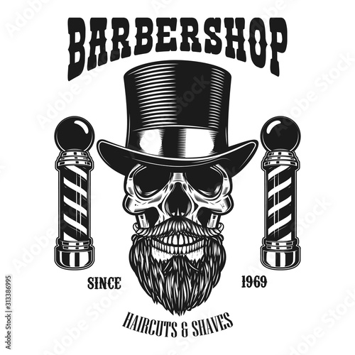 Barbershop emblem template. Bearded skull in vintage hat and barber poles. Design element for poster, card, emblem, banner, logo. Vector illustration