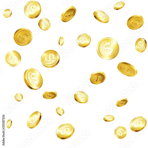 Falling golden coins. Success in business and finances. Money rain. Big win casino and jackpot. Shiny metal coins. Vector illustration