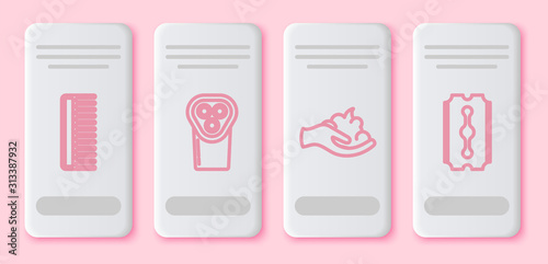 Set line Hairbrush, Electrical hair clipper or shaver, Shaving gel foam on hand and Blade razor. White rectangle button. Vector