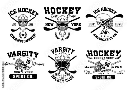 stock vector black and white retro hockey logo set. sports logo collection illustration