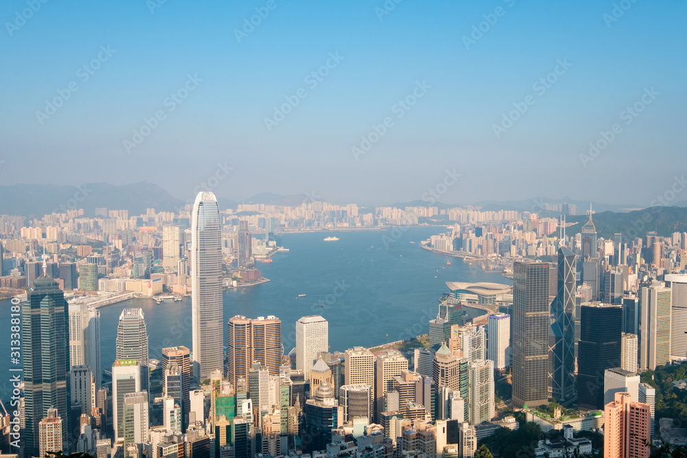 Skyline of Hong Kong, city aerial view from Victoria Peak