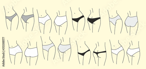 Different women's underpants. Woman's body, silhouette. Vector illustration