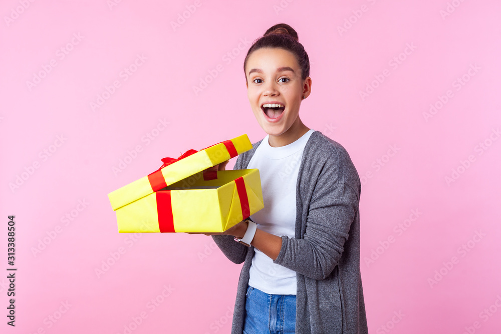 Pleasant holiday surprise. Portrait of excited happy teenage girl with bun hairstyle unboxing birthday present, screaming with joy, amazed expression. indoor studio shot isolated on pink background Pleasant holiday surprise. Portrait of excited happy teenage girl with bun hairstyle unboxing birthday present, screaming with joy, amazed expression. indoor studio shot isolated on pink background