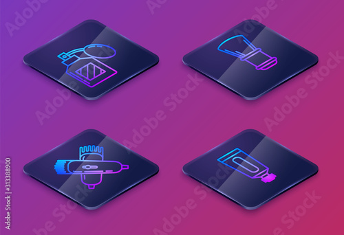 Set Isometric line Aftershave, Crossed electrical hair clipper or shaver, Shaving brush and Cream or lotion cosmetic tube. Blue square button. Vector