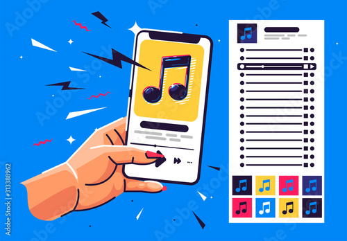 The hand holds the smartphone, the phone screen shows the name of the song with the album cover of the singer, the tracklist of songs, the list of songs in the phone